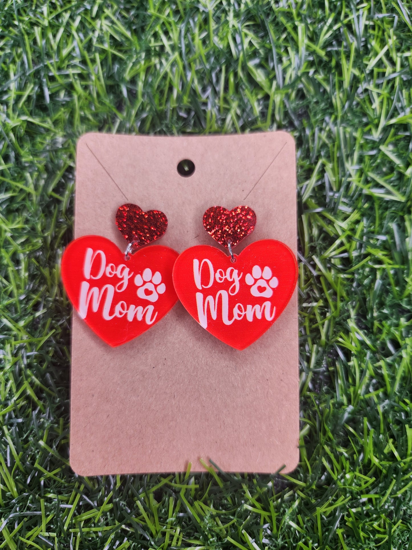 'Dog Mom' Large Cute Valentines Glitter Heart Earrings