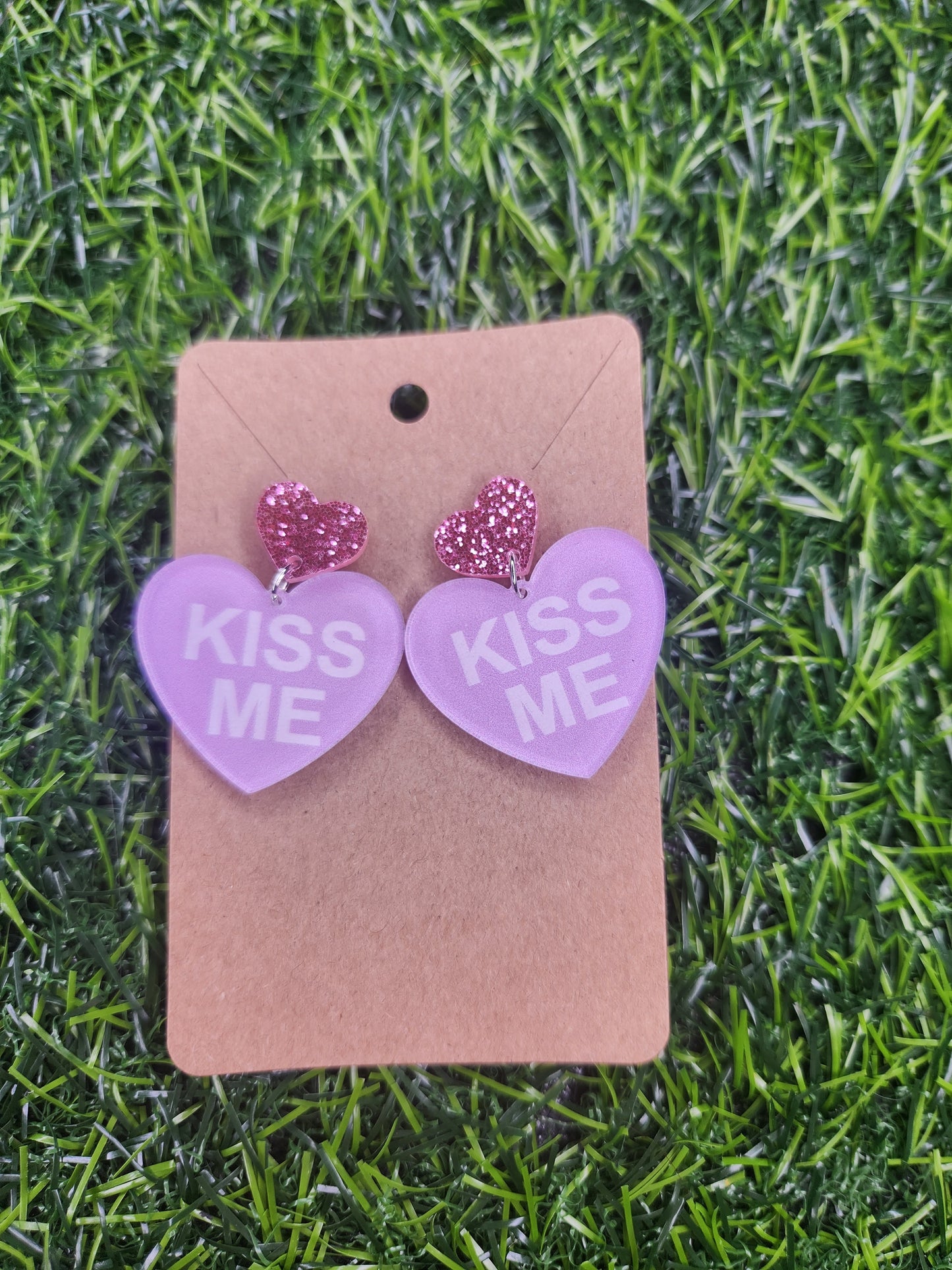Large Cute Valentines Glitter Heart Kiss Me Earrings