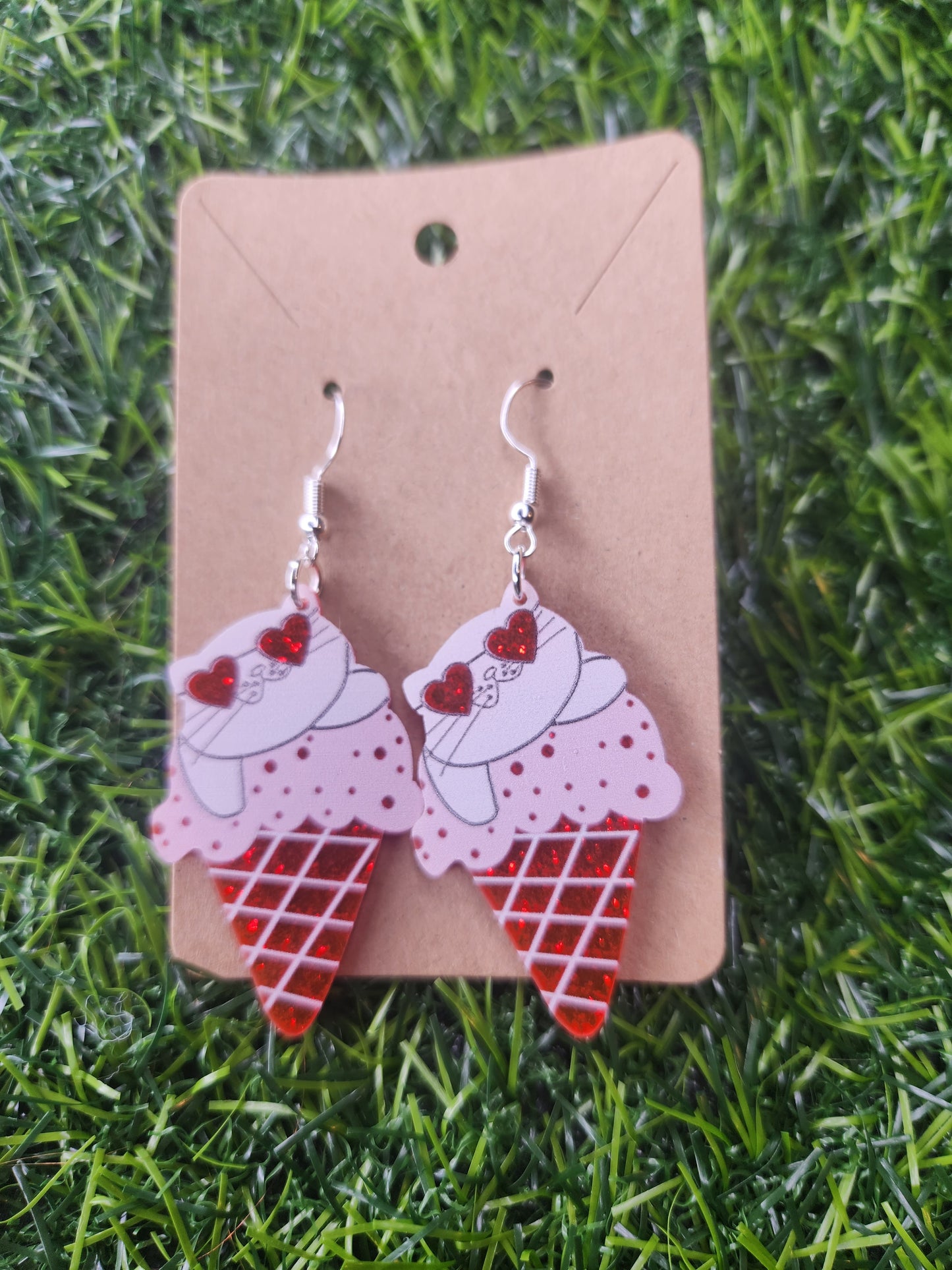 Cute Cat Icecream Valentine Glitter Hook Dangle Earrings