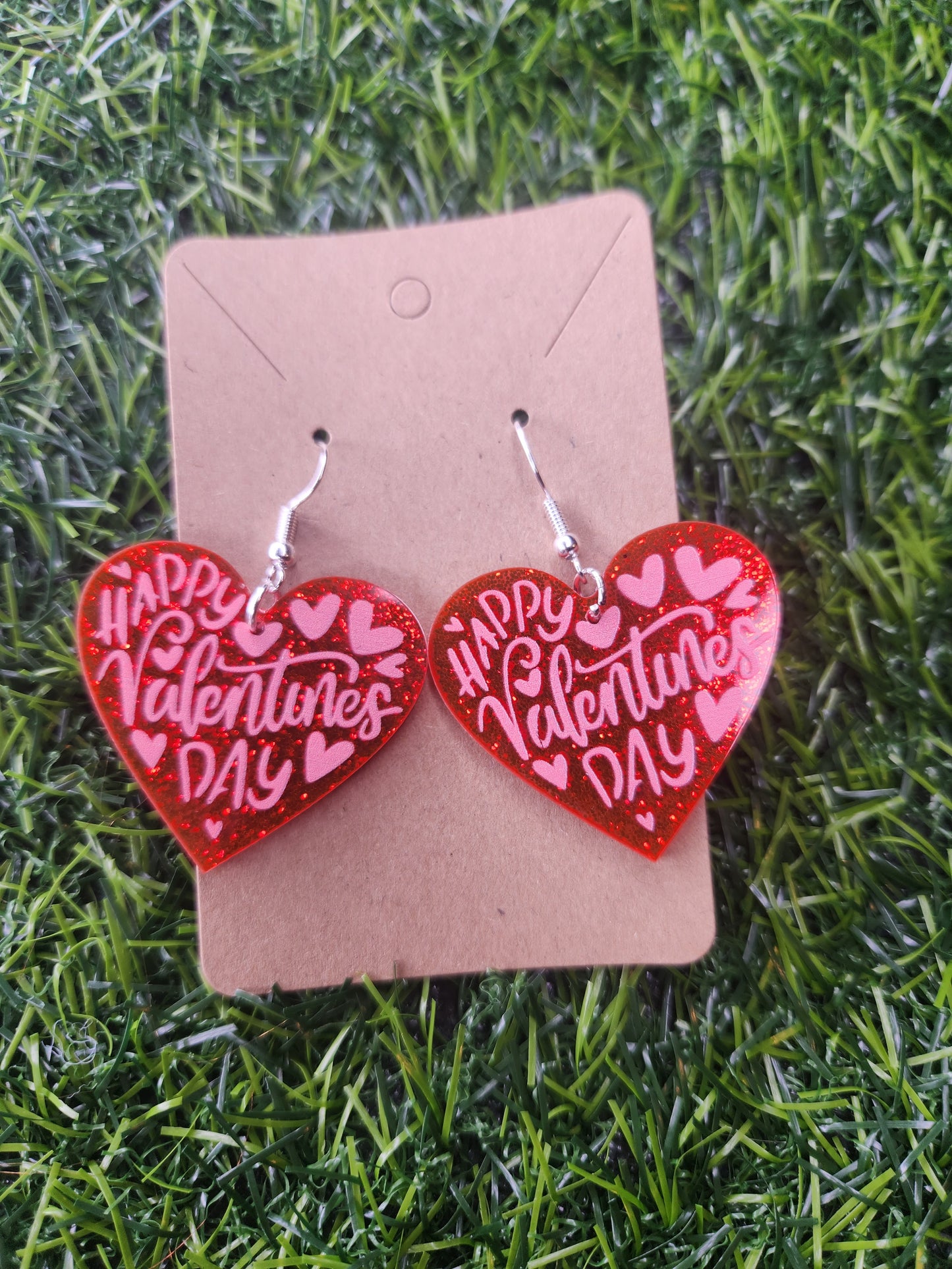 Large Cute Red Valentines Glitter Heart Hook Dangle Earrings