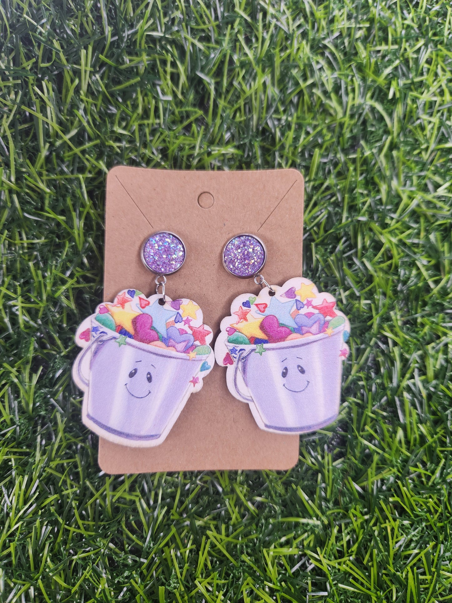 Purple Bucket Wooden Stud Dangle Earings