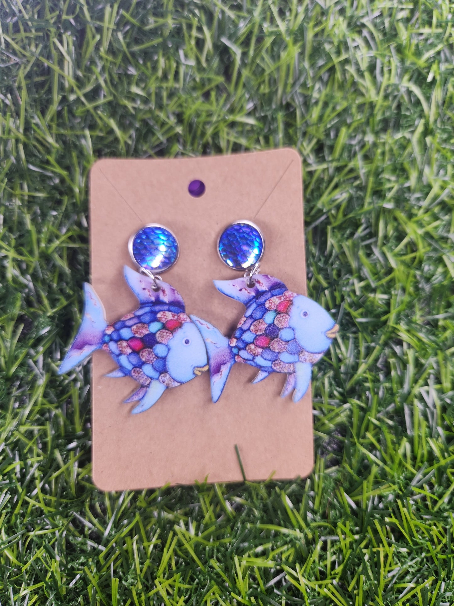 Large Rainbow Fish Wooden Stud Dangle Earings