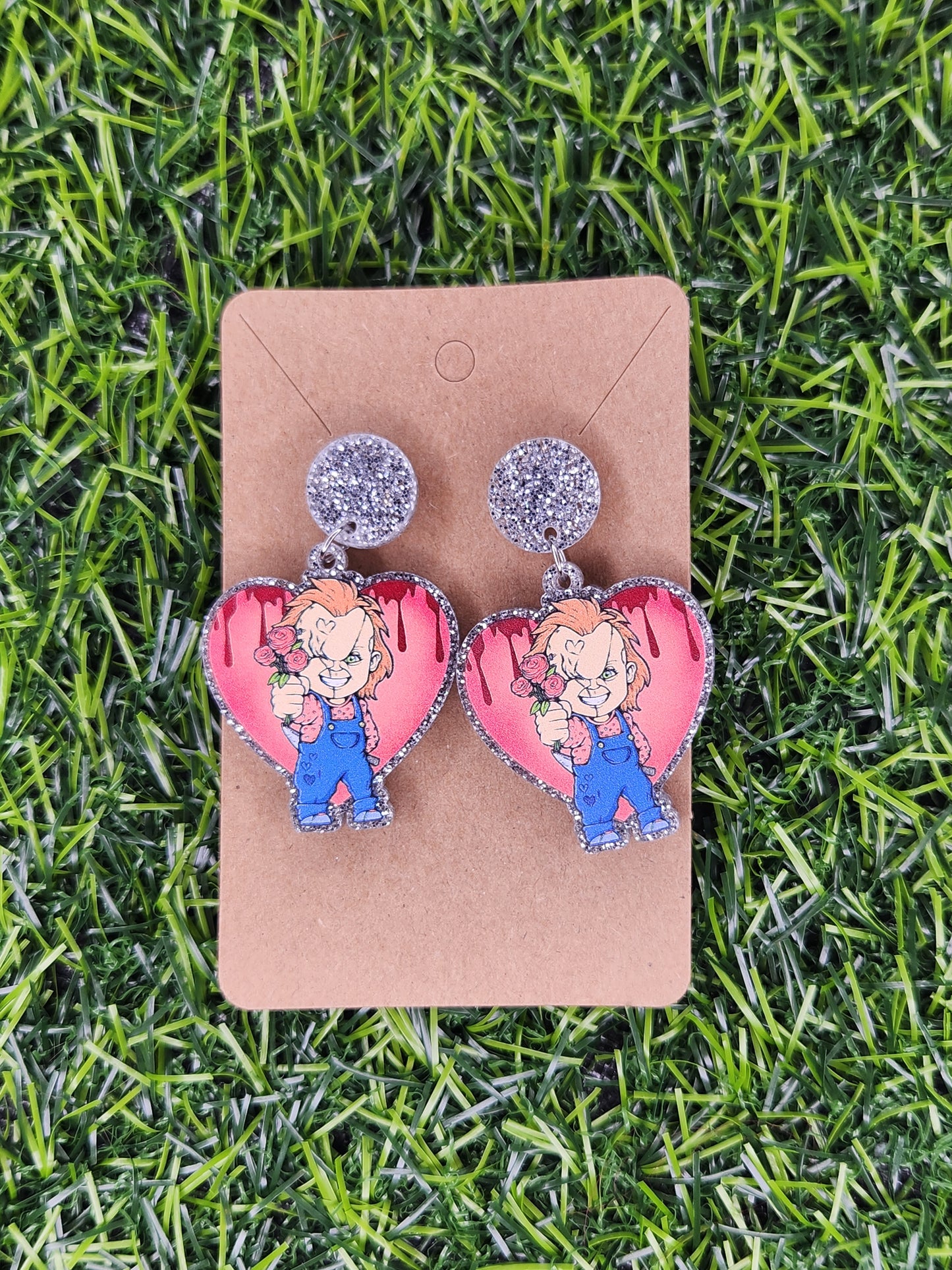 Silver Chucky with Rose Valentines Glitter Heart Stud Dangle Earrings