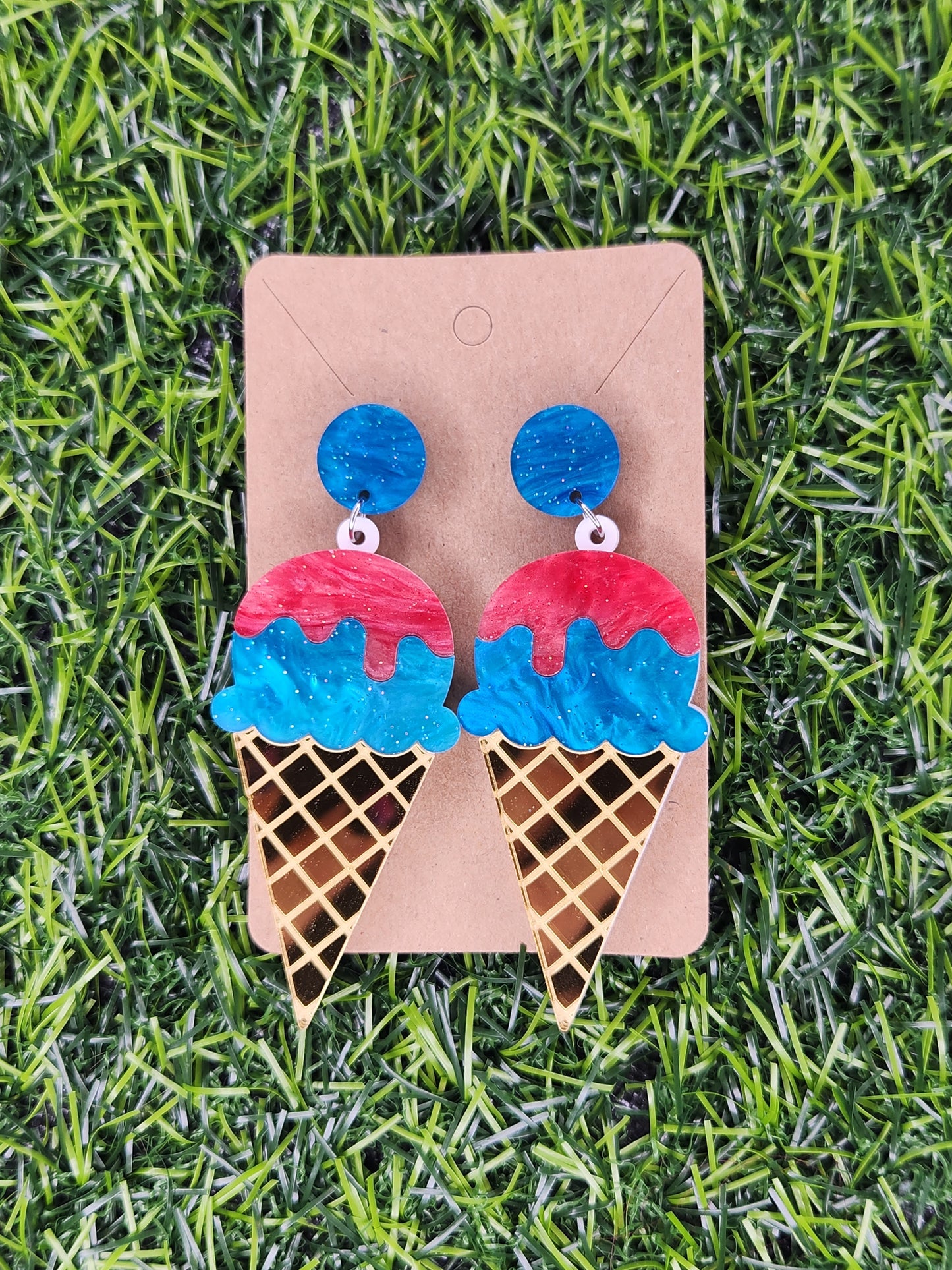 Large Blue/Red Icecream Cone Stud Dangle Earrings