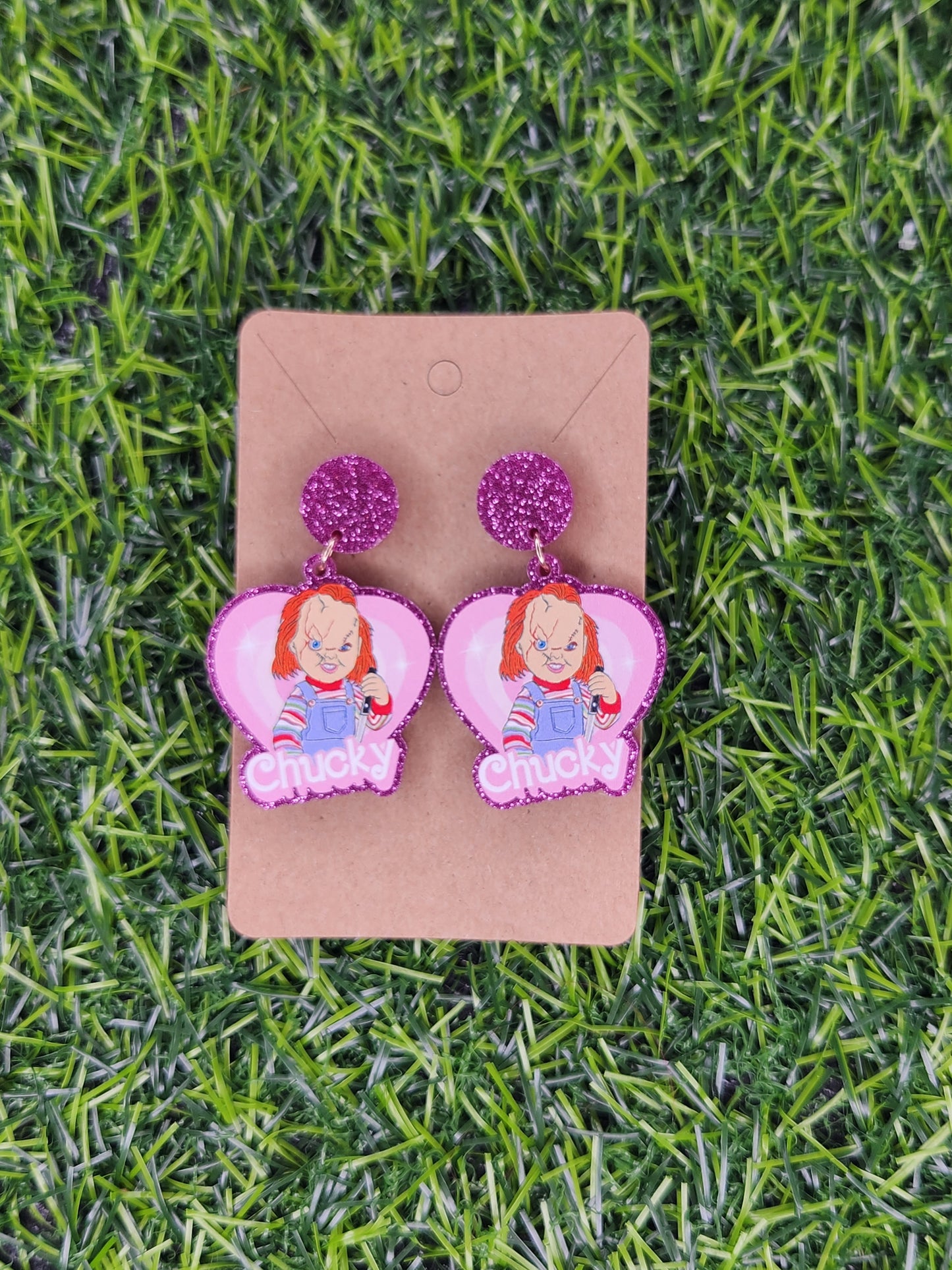 Pink Chucky Valentines Glitter Heart Stud Dangle Earrings