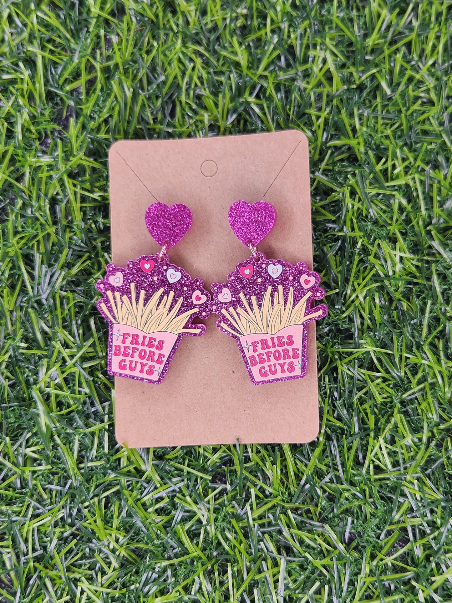 Glitter Pink Fries Before Guys Hearts Stud Dangle Earrings