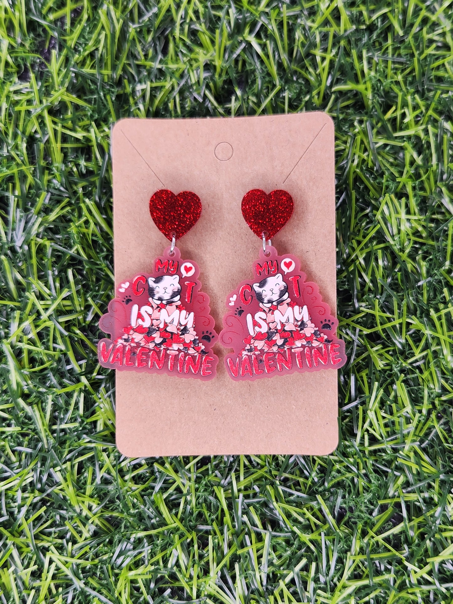 My Cat is My Valentine Heart Stud Dangle Earrings