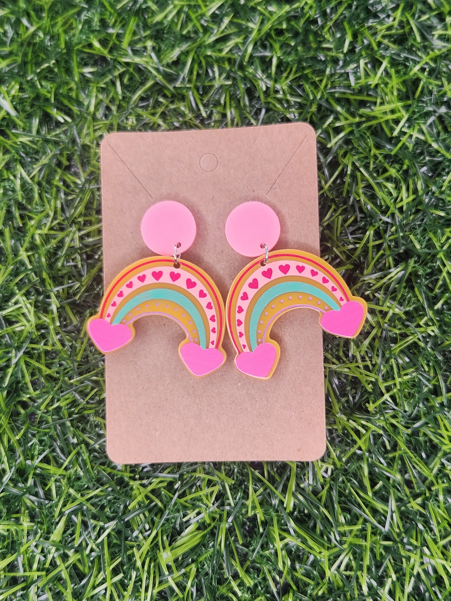 Large Pink Rainbow Stud Dangle Earrings