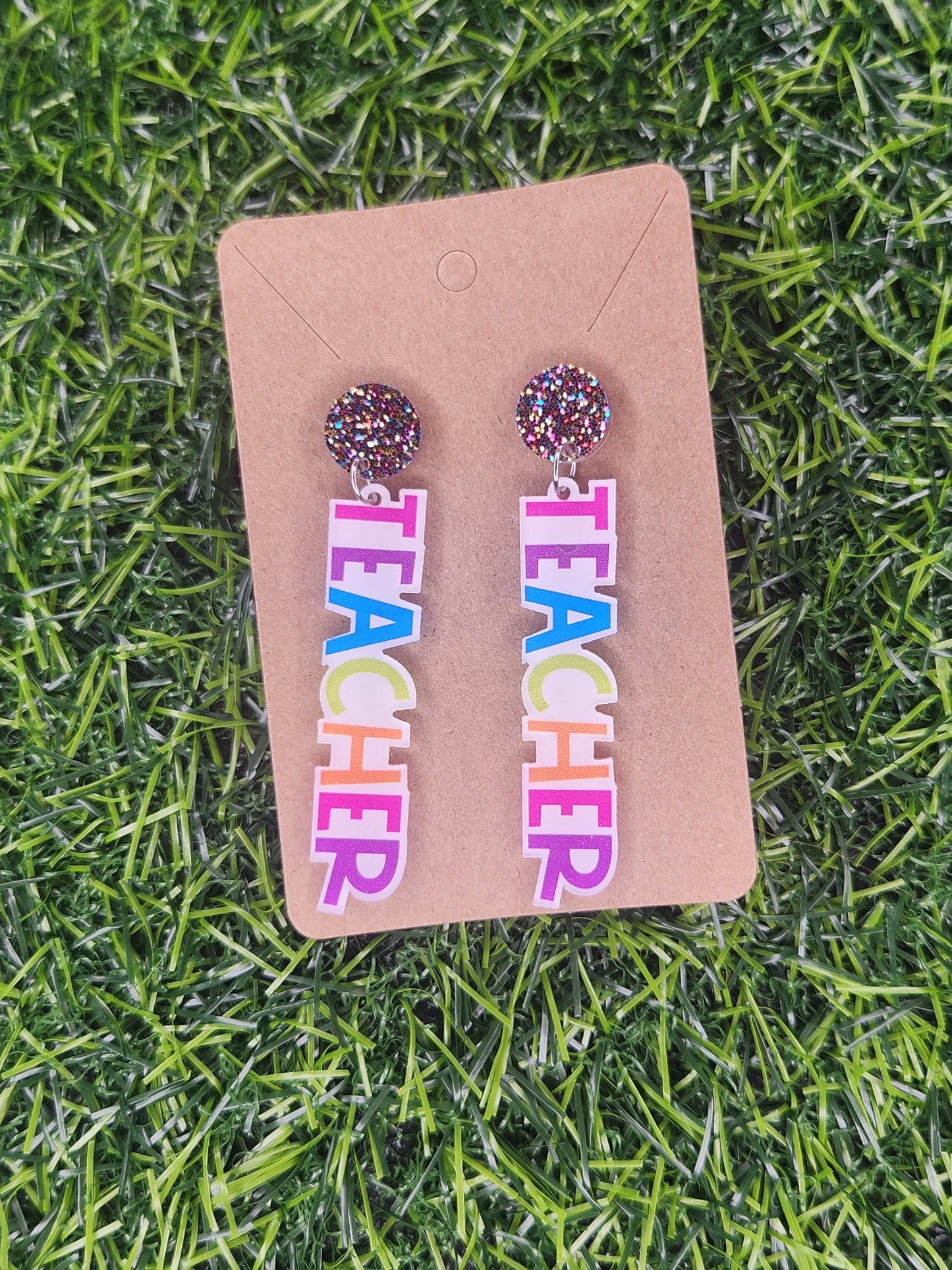 Teacher Rainbow Word Stud Dangle Earrings
