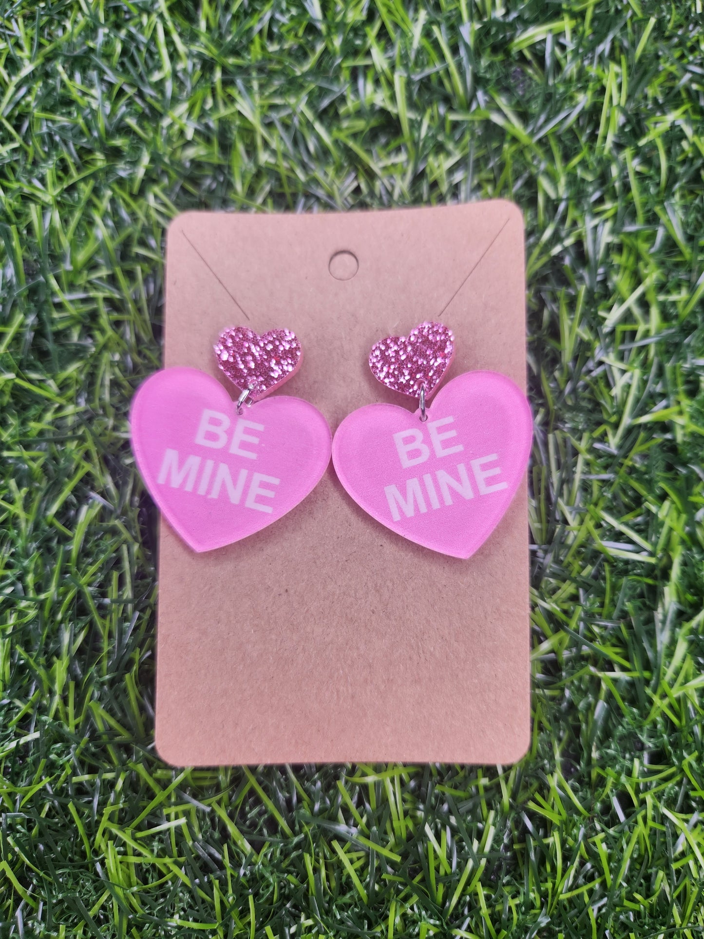 Large Cute Valentines Glitter Heart Be Mine Earrings