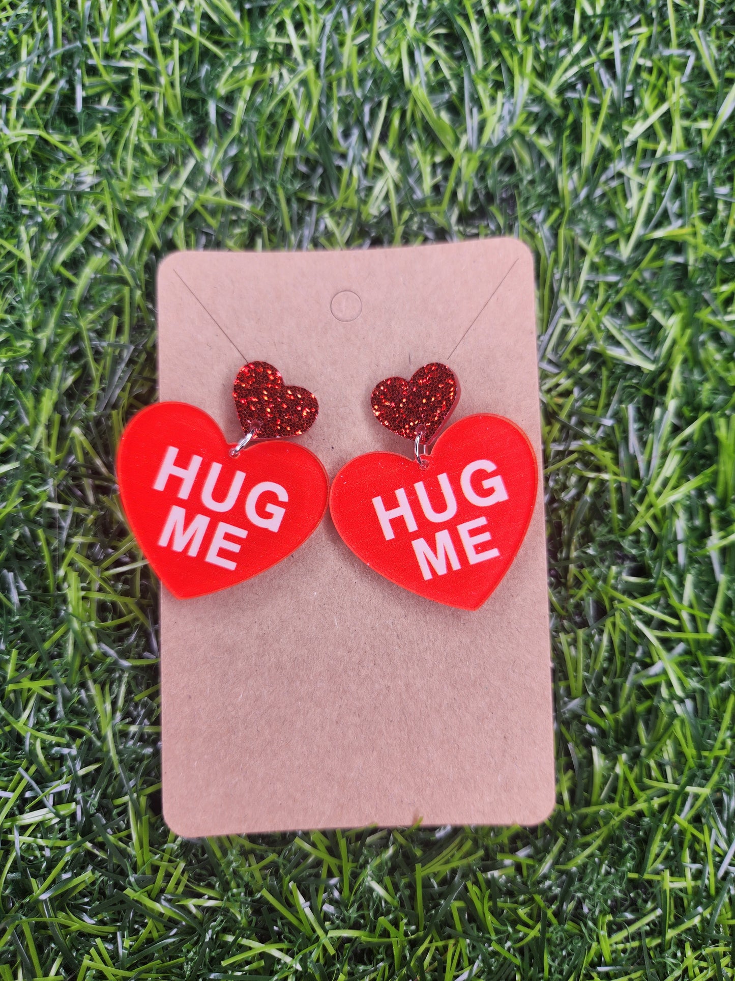 Large Cute Valentines Glitter Heart Hug Me Earrings