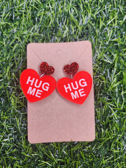 Large Cute Valentines Glitter Heart Hug Me Earrings