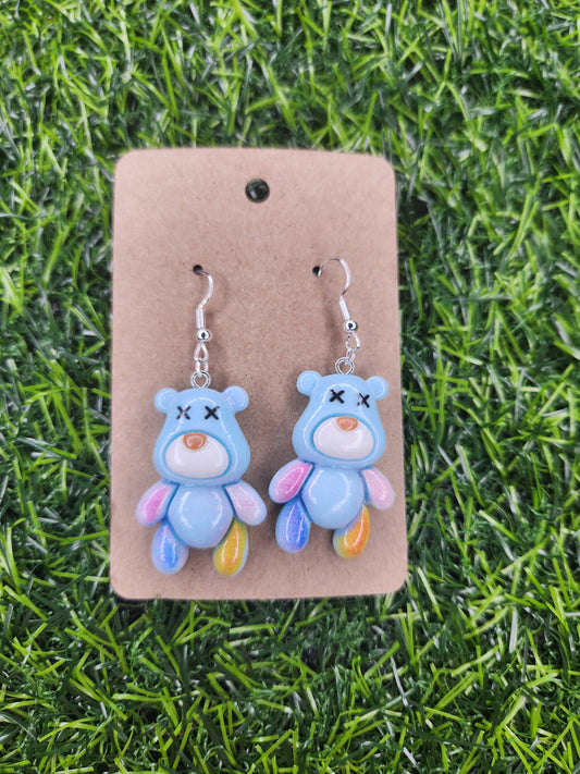 Large Blue Teddy Bear Dangle Earrings