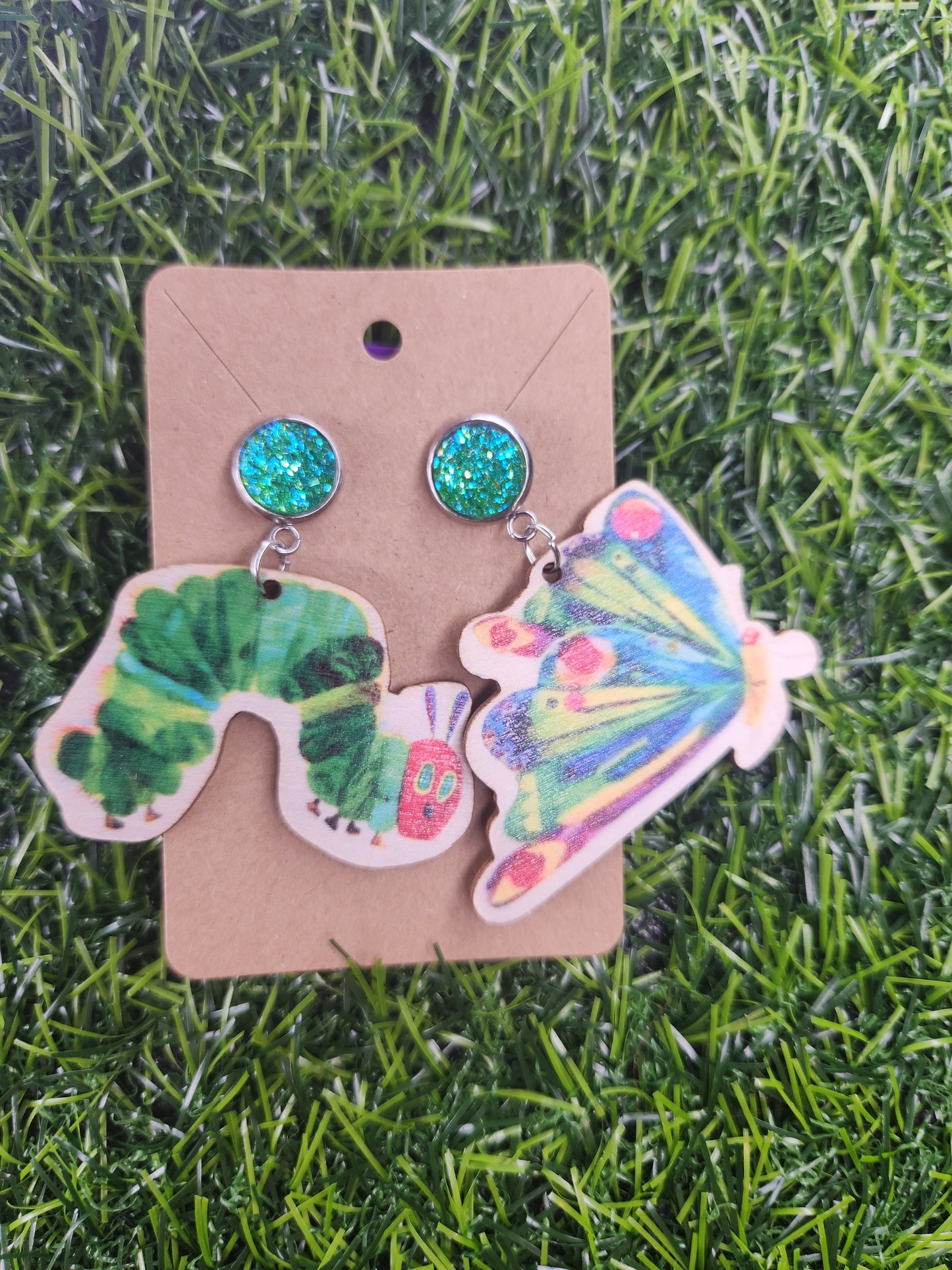 Large Hungry Caterpillar Wooden Stud Dangle Earings