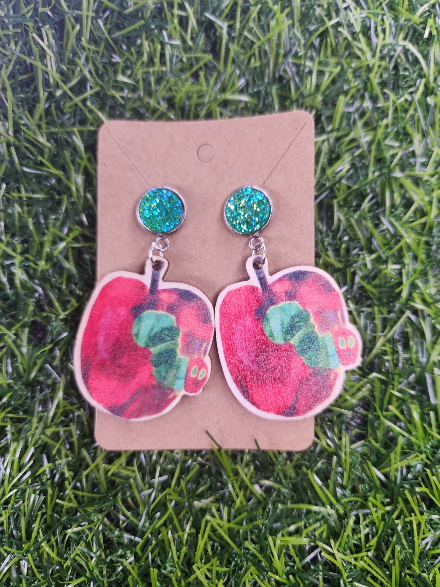 Large Hungry Caterpillar Apple  Wooden Stud Dangle Earings