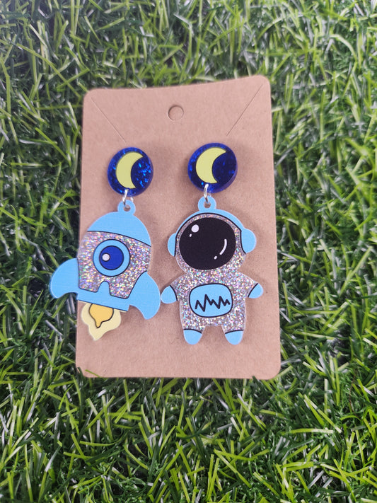 Large Glitter Rocket & Astronaut Stud Dangle Earings