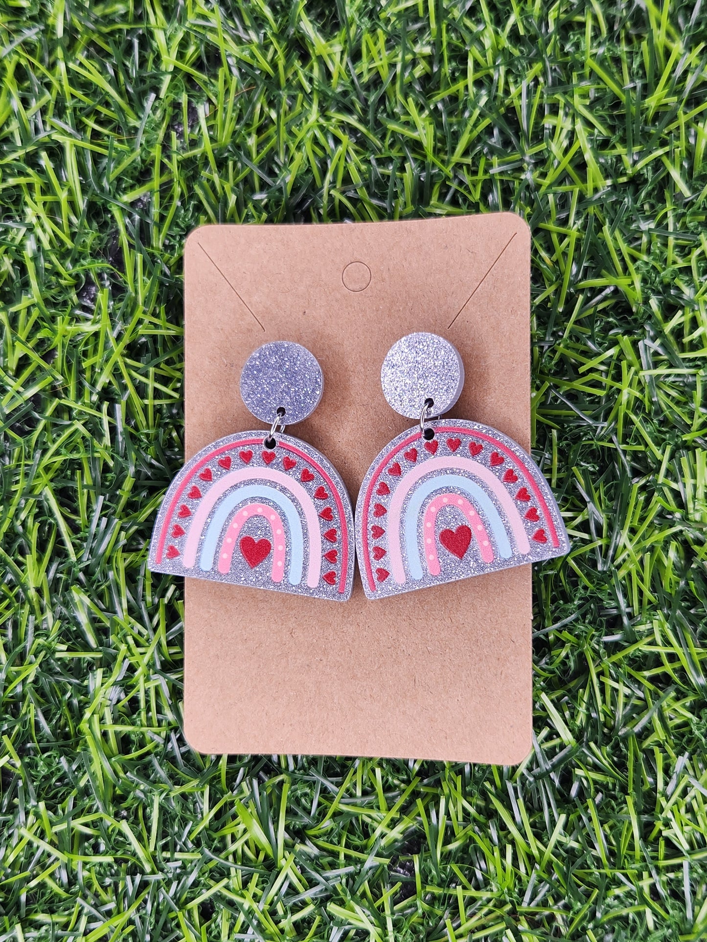 Large Silver Glitter Rainbow Stud Dangle Earrings