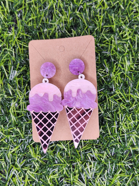 Large Purple Icecream Cone Stud Dangle Earrings