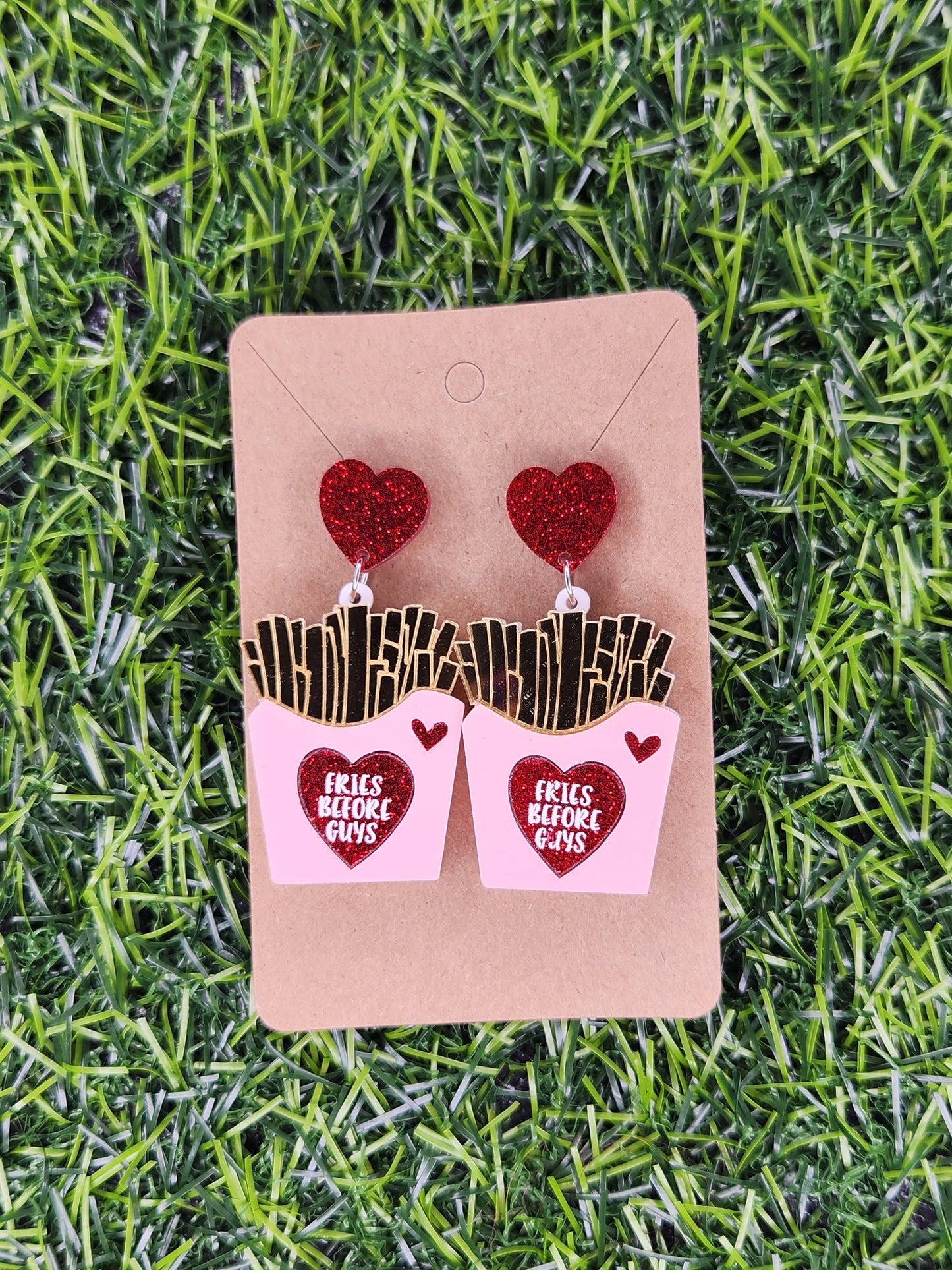Pink/Red Fries Before Guys Hearts Stud Dangle Earrings