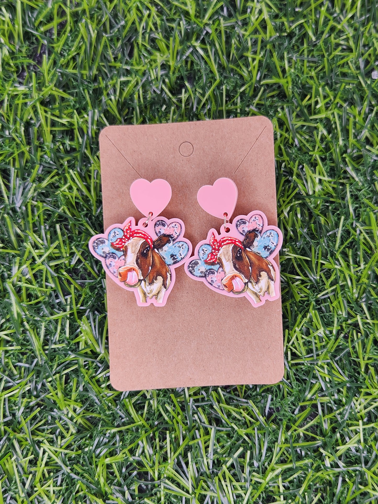 Cute Valentines Pink Heart Cow Stud Dangle Earrings