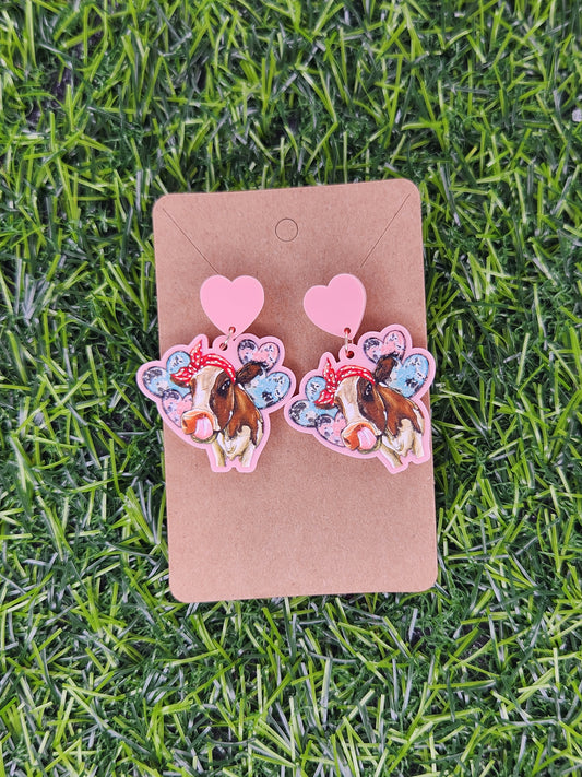 Cute Valentines Pink Heart Cow Stud Dangle Earrings