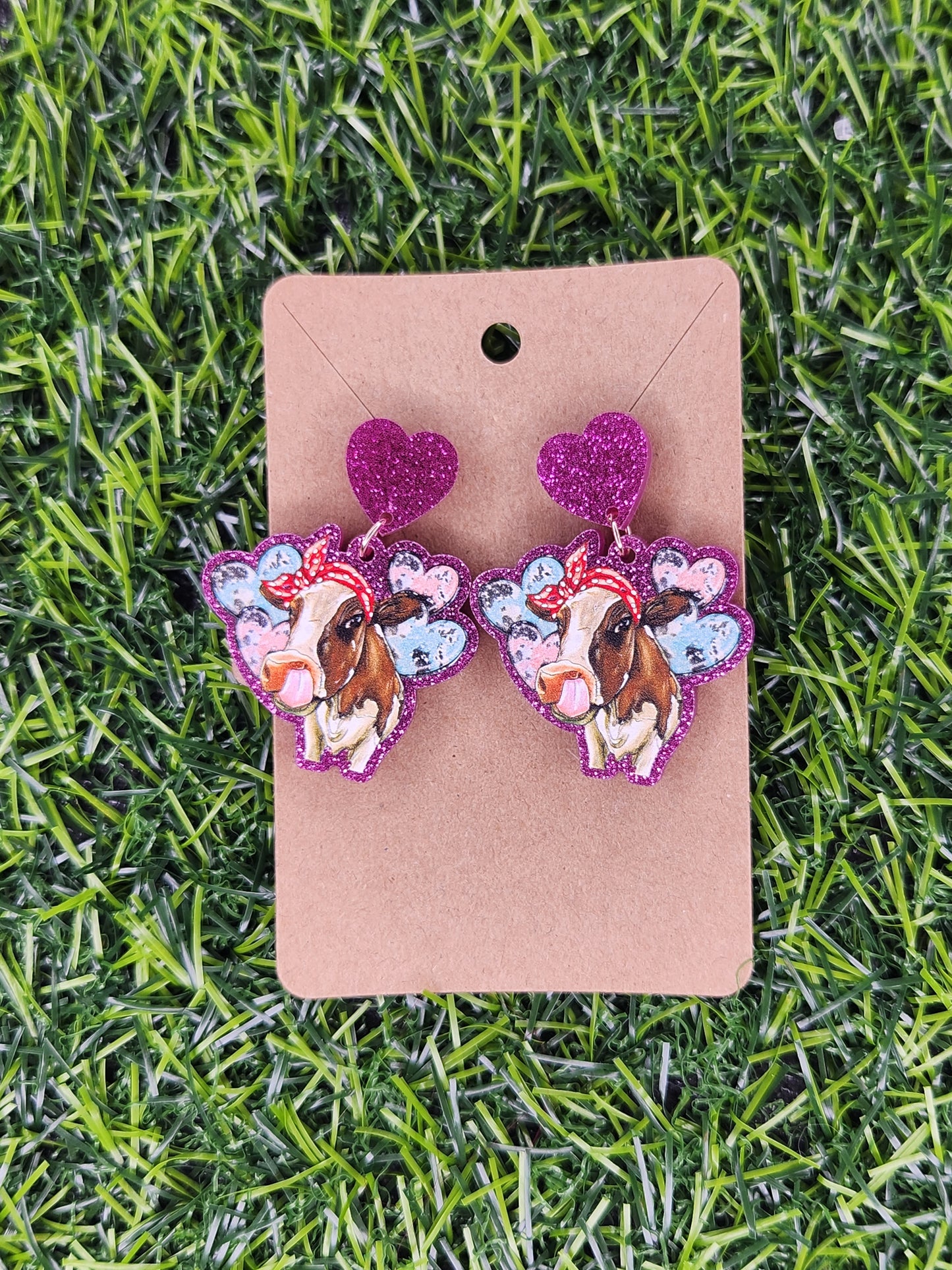 Cute Valentines Glitter Heart Cow Stud Dangle Earrings