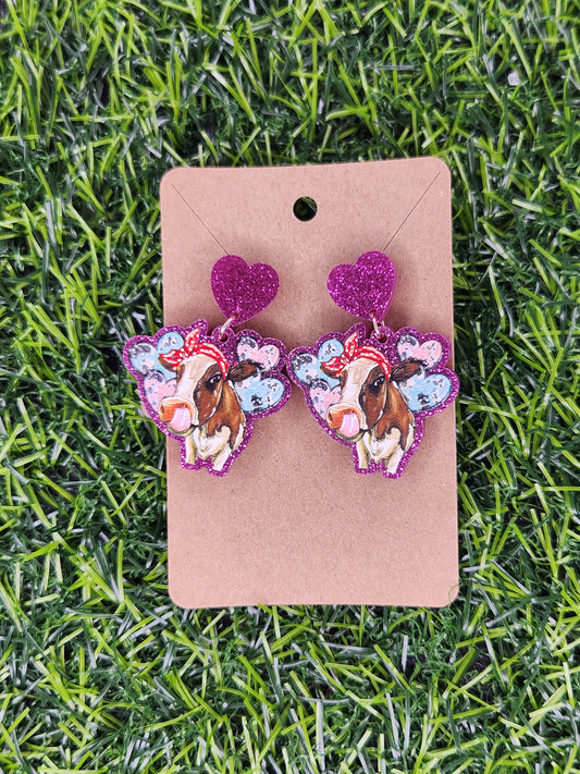 Cute Valentines Glitter Heart Cow Stud Dangle Earrings