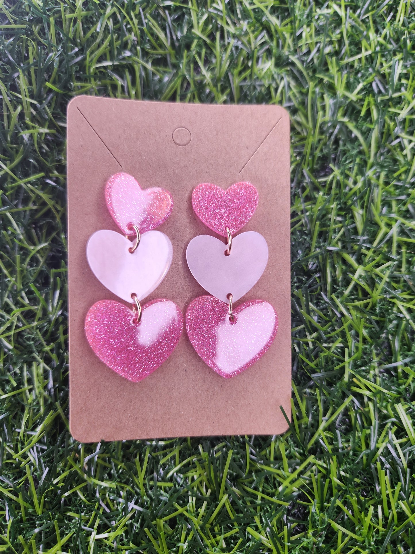 Pink Tripple Hearts Stud Dangle Earrings